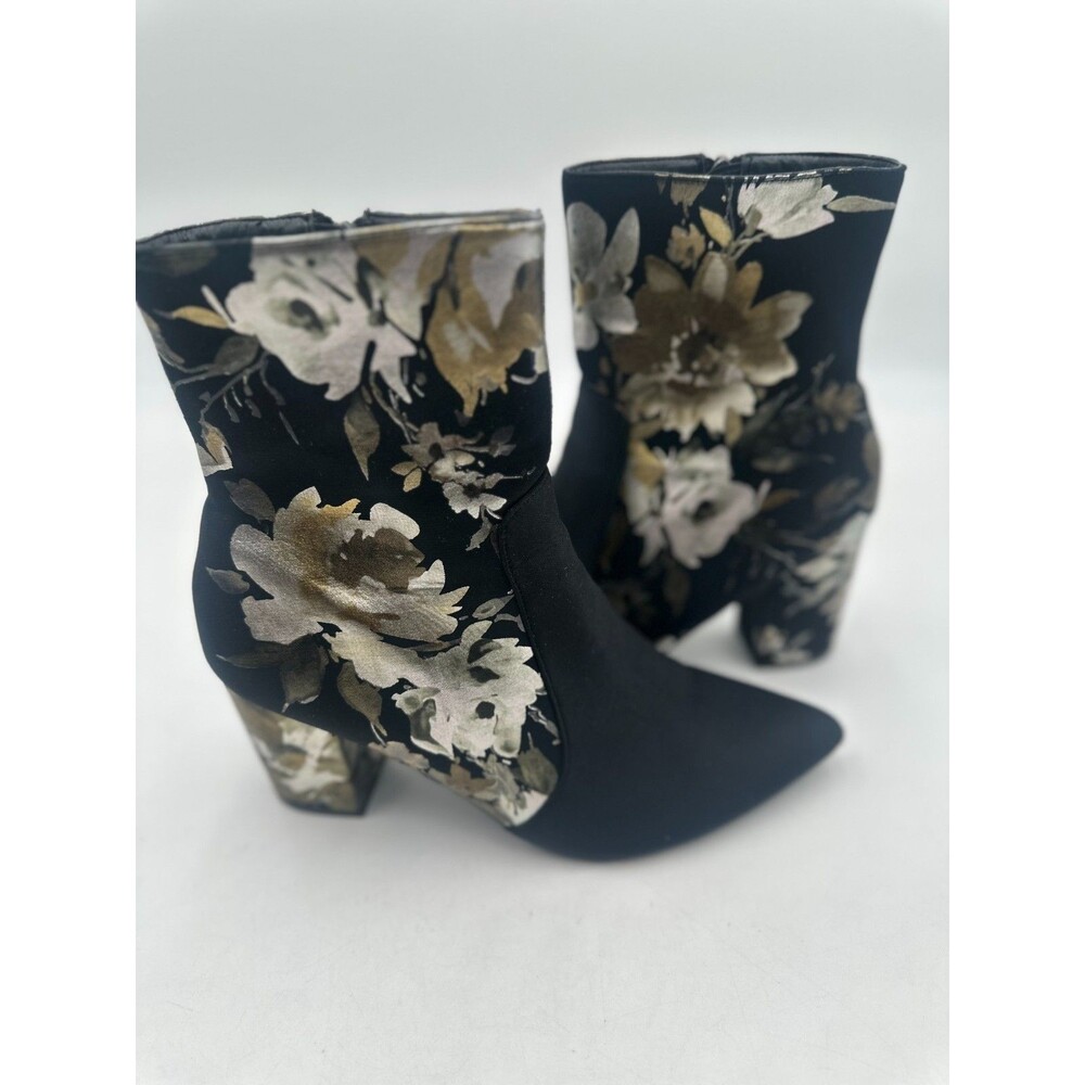 Mackin J Black Floral Velvet Pointed Toe Ankle Booties Block Heel Side Zip Sz 10
